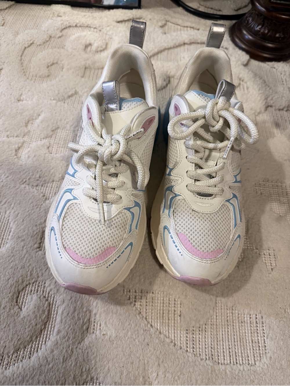 Tory Burch Good Luck Trainer Sneakers with Pastel Blue & Pink Accents
